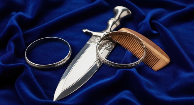 Traditional dagger and sheath on royal blue velvet background with dramatic lighting
