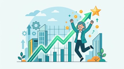 Fototapeta premium Minimalist modern flat illustration of financial success, happy character with rising graph.