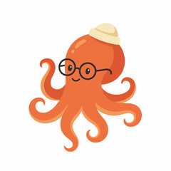 This charming illustration of a friendly octopus wearing glasses and a hat conveys playfulness and intelligence, making it ideal for children's products, educational materials, or quirky designs. © Miao