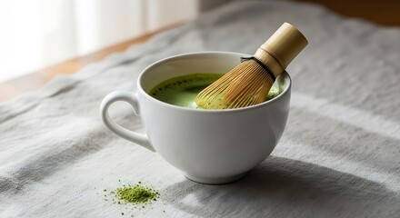 Matcha in white cup with bamboo whisk, green foam, powder on gray background, peaceful zen vibe, close-up