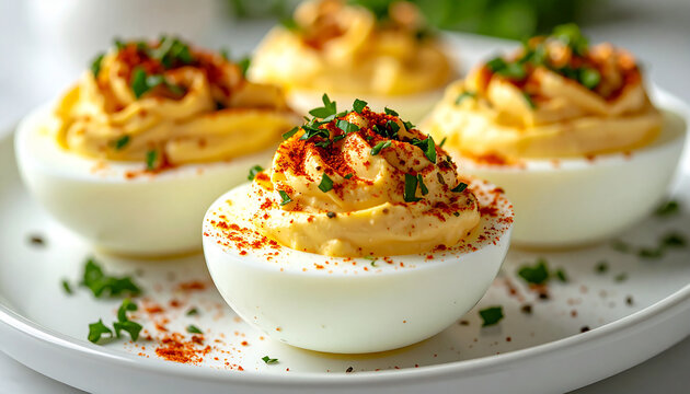 Creamy deviled eggs garnished with vibrant paprika and fresh chopped herbs on white ceramic plate. Tasty food. Delicious snack. Cooking and culinary