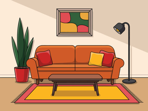 Cozy living room with modern orange sofa, colorful rug, and abstract art.