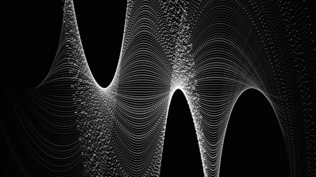 Technology black and white digital network wave background concept.Beautiful motion waving dots information texture with glowing defocused particles. Cyber or technology background.