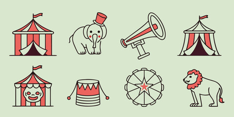 a set of circus icons including tent elephant and lion Vector © BOY