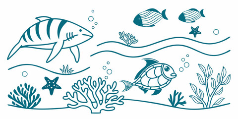 a group of fish and sea creatures swimming in the ocean Vector © BOY