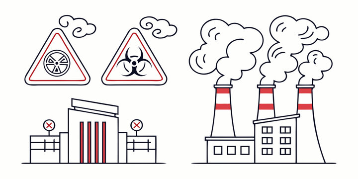 industrial pollution icons with factories and warning signs Vector