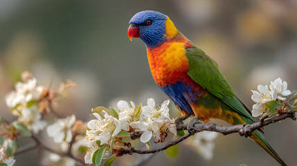 Colorful bird perched on flowering branch