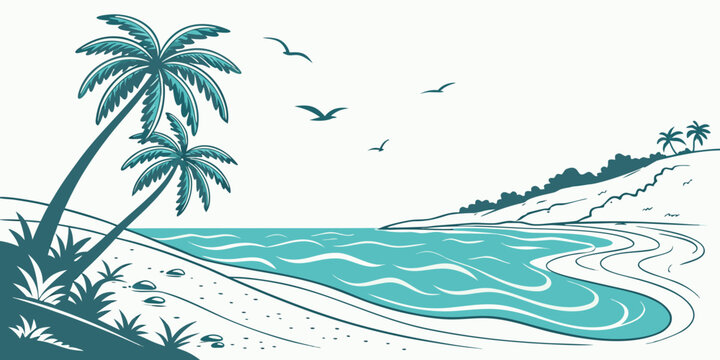 a beach scene with a palm tree and birds flying overhead Vector