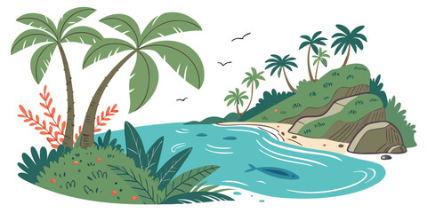 a tropical island with palm trees and blue water Vector © BOY