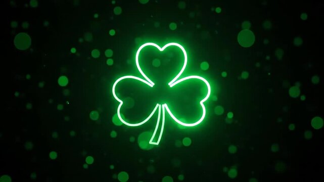 A vibrant green neon shamrock shines brightly in a dark background with bokeh effects