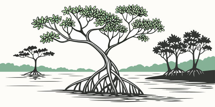 a group of trees growing on a rocky outcrop Vector