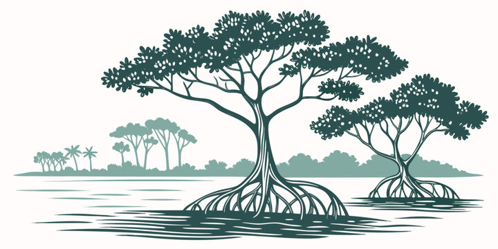 a group of trees growing in shallow water Vector