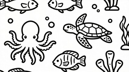 Fototapeta premium Aquarium themed animal icon set featuring fish, octopus, sea turtle and aquatic creatures. Clean minimal illustrations suitable for marine education, ocean themes,
