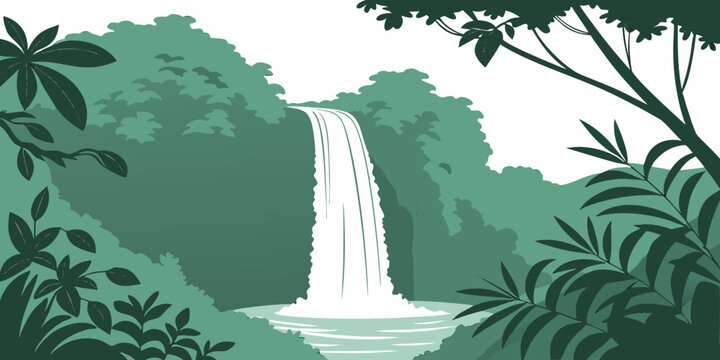 a serene waterfall in a lush green jungle Vector
