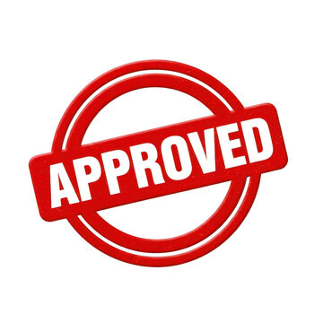 Red approved stamp isolated on transparent background with bold text
