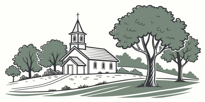 a small church with a steeple and trees Vector
