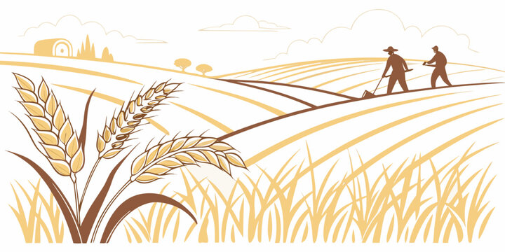 farmers working in a field with wheat and oxen Vector