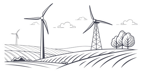 wind turbines in a field with a tree and birds flying overhead Vector © BOY