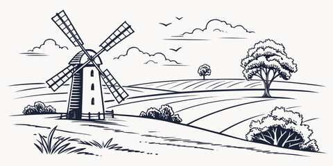 a windmill on a hill with a tree and birds flying overhead Vector © BOY