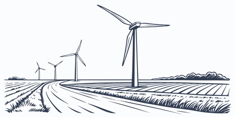wind turbines in a field with rows of crops Vector © BOY