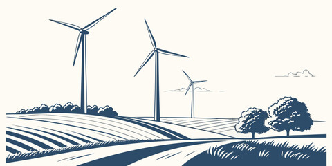 wind turbines on a farm with trees and fields Vector © BOY