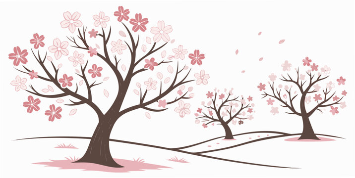 three pink flowering trees in a row with falling blossoms Vector