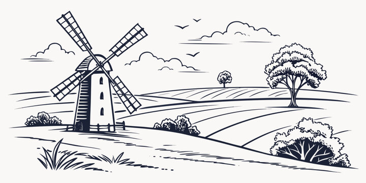 a windmill on a hill with a tree and birds flying overhead Vector