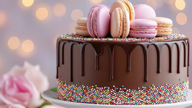 Chocolate celebration cake with macarons and colorful sprinkles on stand against festive lights representing sweet dessert, bakery art, and party treat