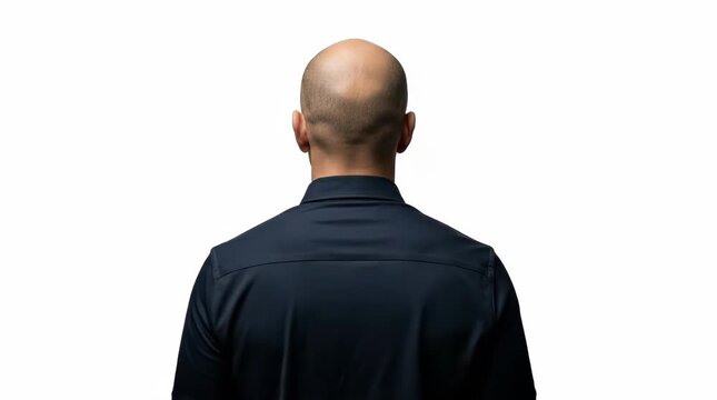 A bald man in a black shirt standing alone in a white background
