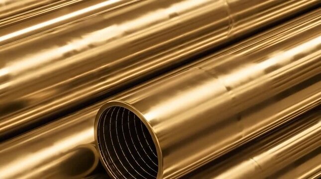 A showcasing a stack of shiny brass pipes in a neat arrangement