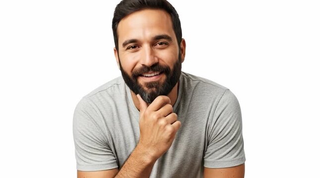 A smiling man with a beard thinking about a creative idea