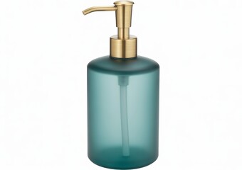 Obraz premium Frosted teal glass soap dispenser with brushed brass pump on white background lotion dispenser pump bottle