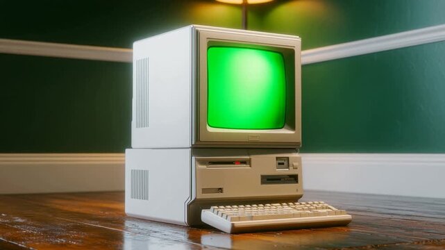 Vintage Computing: A retro computer with a distinctive green screen and classic keyboard, reminiscent of the early days of personal computing.