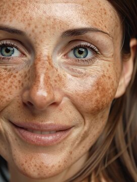 Intimate Gaze: A close-up portrait unveils the captivating beauty of a woman with captivating freckles and enchanting green eyes, radiating a gentle smile. 