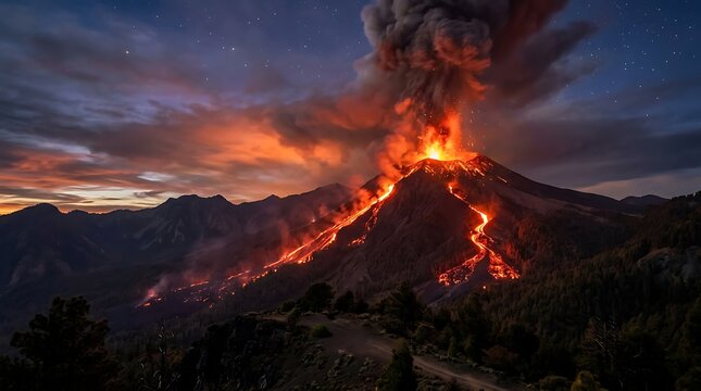 Erupting Volcano with Lava Flow at Night