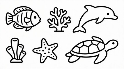 Obraz premium Clean marine-themed icon collection featuring fish, turtle, dolphin, coral, and starfish elements for nature and education projects.