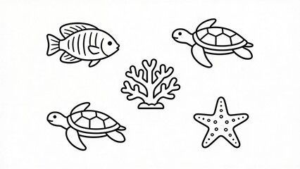 Obraz premium Marine wildlife collection showing sea creatures and reef elements for ocean conservation, education, and environmental projects.