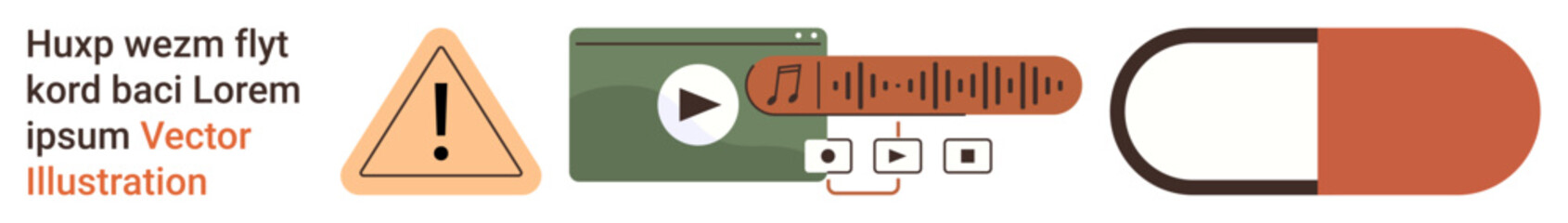 Safety notices, multimedia design, digital audio solutions, online health, pharmaceutical branding, icons. Warning sign, play button sound bar and pill capsule. Safety and multimedia