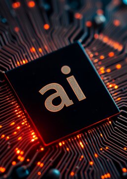 A close-up of a computer chip with the letters "ai" on its surface surrounded by intricate circuit patterns and glowing particles nanotechnology technology design nao abstract concept background moder