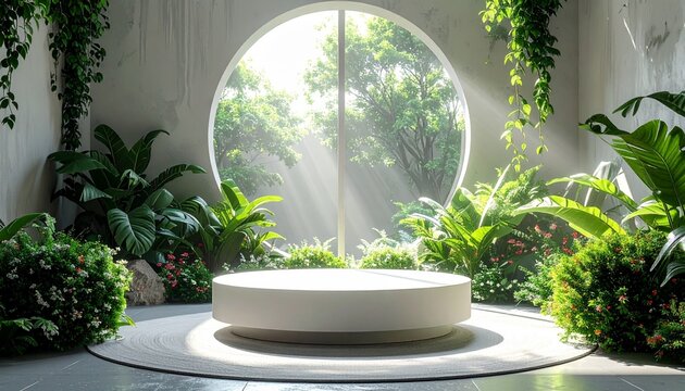 Serene Zen Interior with Round Platform and Natural Light Streaming Through a Circular Window.