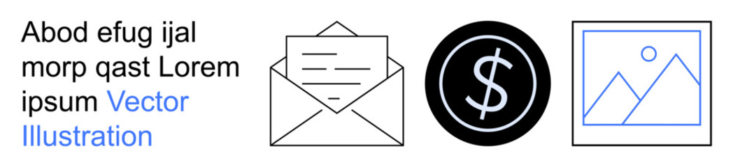 Obraz premium Communication, finance, email, digital marketing, payment systems, graphic media. A mail envelope, dollar icon and image in linear style. Communication and finance symbols for usability