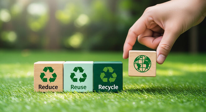 A hand placing a block with a green globe on it next to blocks with reduce, reuse, recycle.