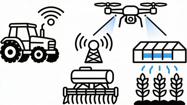 Wireless and smart agriculture technology line icons featuring drone, communication tower, sensors, irrigation and connected farming equipment.