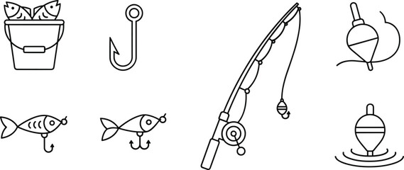 Fishing Equipment Line Icon Vector Set with Fishing Rod, Hook, Float, Lure, Bait Bucket and Angling Tools Outline Symbols © MdShakil