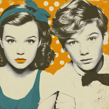 Children portraying retro style in a pop art screen printing style with polka dot background, embracing vintage fashion and a vibrant color palette