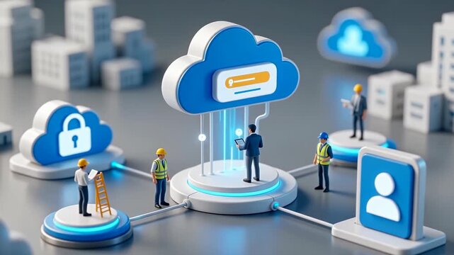 Cloud security platform concept with shield protection, enterprise data defense, and team monitoring secure infrastructure in a futuristic environment.