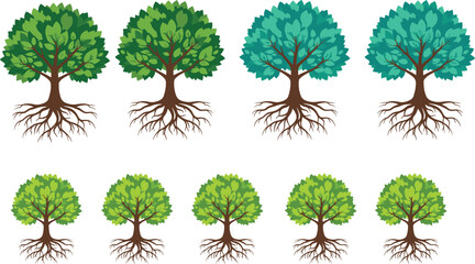 Stylized vector illustration of green trees with roots exposed, symbolizing growth, nature, ecology, biodiversity, and environment © Creative design
