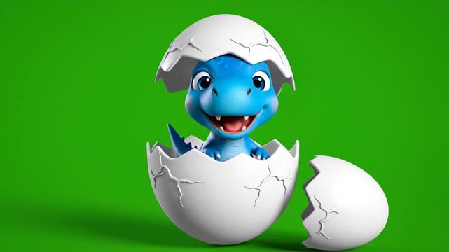 Cute blue baby dinosaur hatching from a white egg on green background