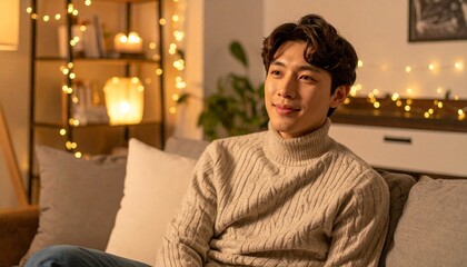 Obraz premium Young man relaxing at home with soft lighting and cozy interior for lifestyle advertisement and product design.