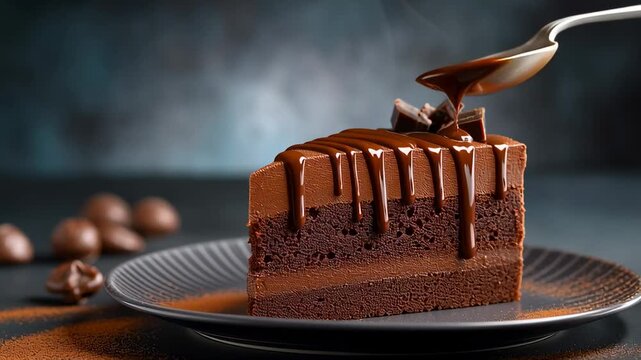 Chocolate layered cake slice with rich cream and flowing chocolate sauce representing gourmet dessert, indulgent pastry, and luxury confectionery